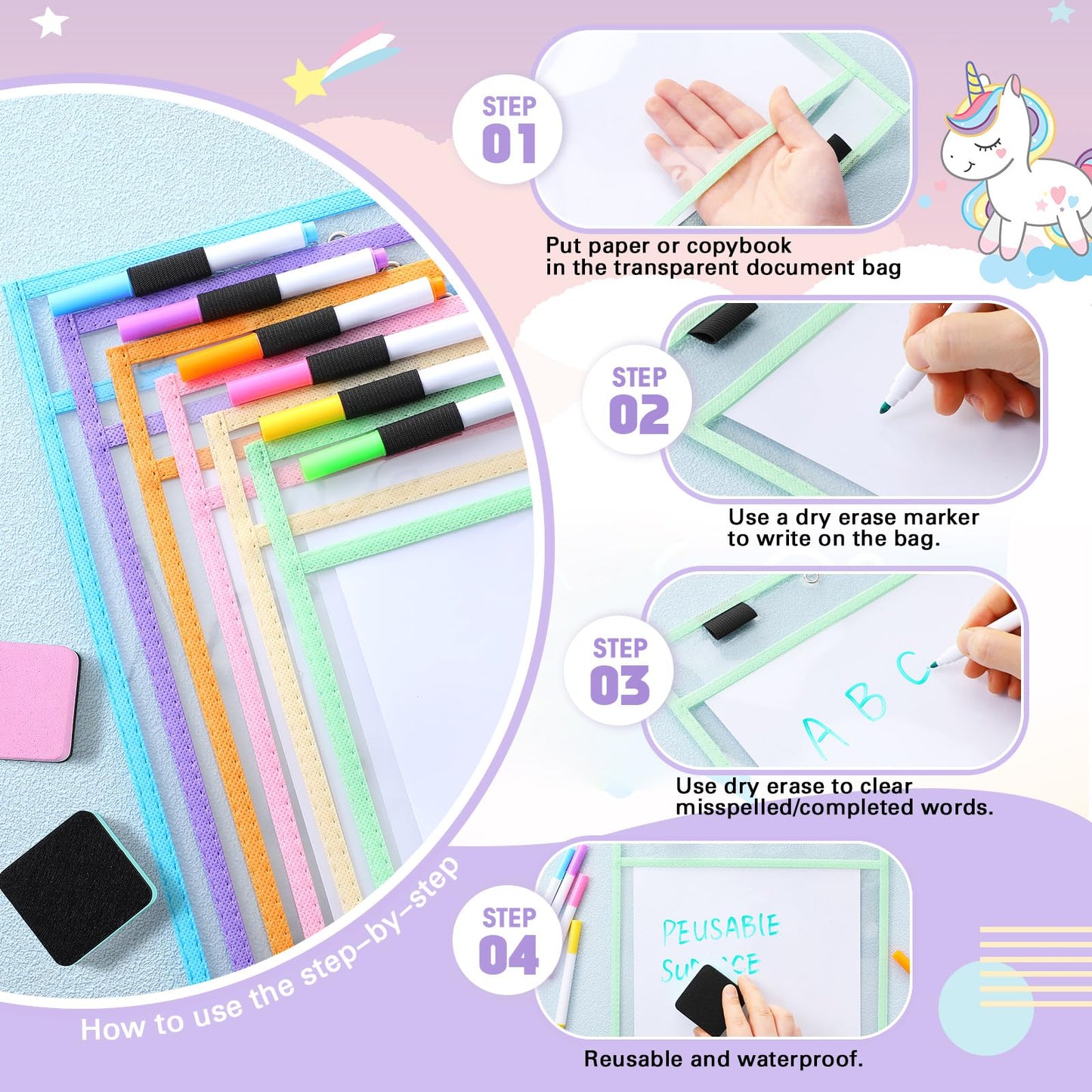 24 Pcs Dry Erase Pocket Reusable Sleeves 10" x 14" Clear Plastic Sheet Protectors with Markers and Mini Dry Erasers for Paper(Pastel)