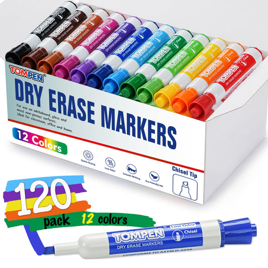 TOMPEN Dry Erase Markers 120 Count 12 Assorted Colors,Chisel Tip Whiteboard Markers for Adults Teachers Gifts-Non-Toxic Low Odor,Bulk for Classroom,Office,Home,Quick-Dry & Easy to Erase