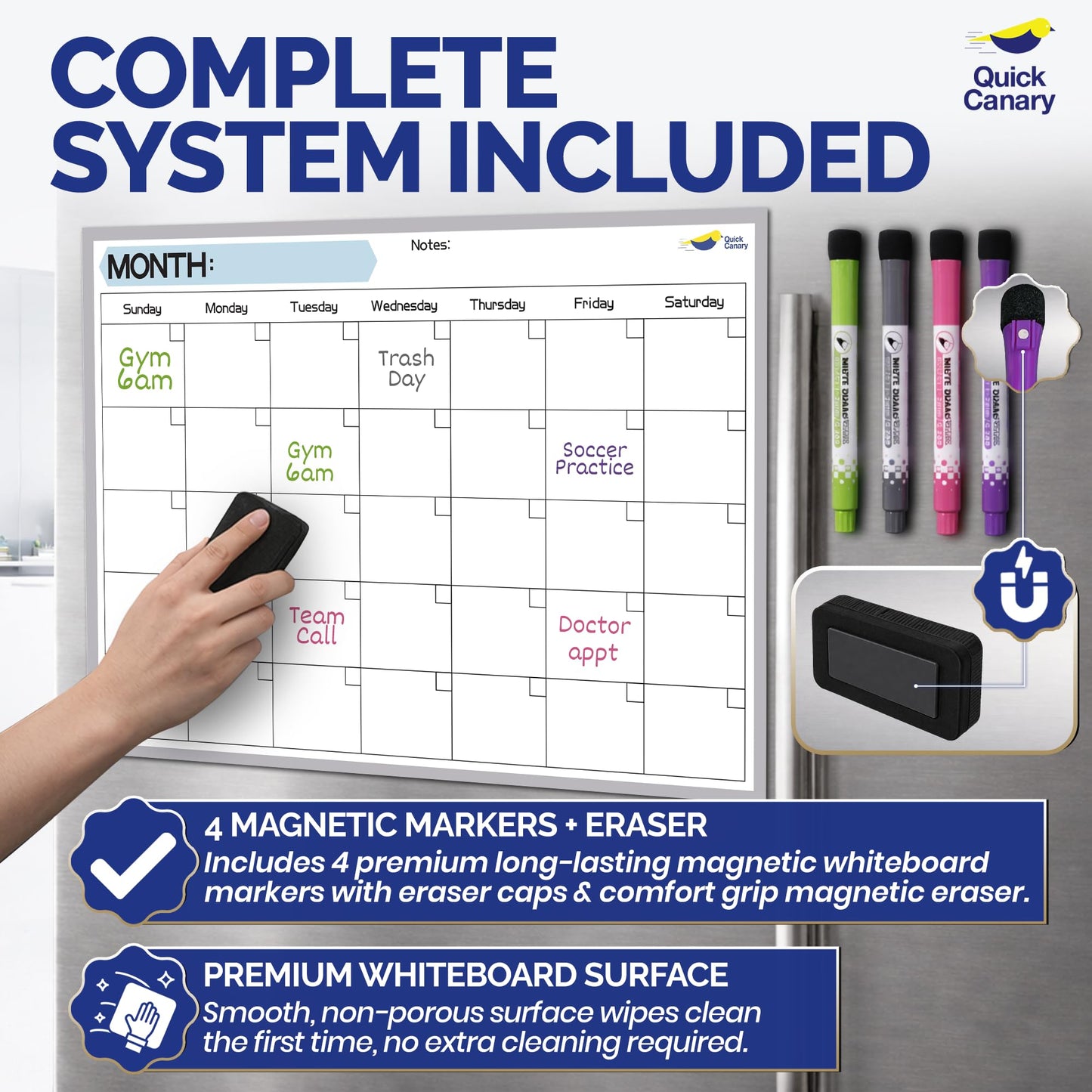 Monthly Magnetic Calendar for Refrigerator - 17x12” Stain-Resistant Dry Erase Fridge Calendar Whiteboard with Large Writing Space for Schedules, Chores & Meals - With 4 Markers & Eraser - Sunday Start