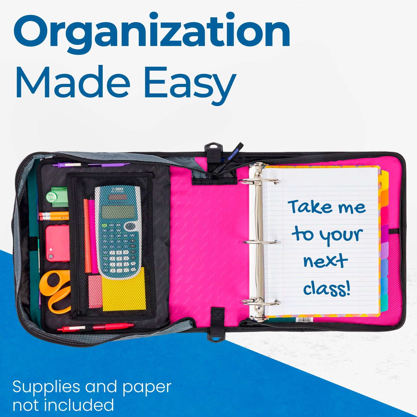 Case-it Mighty Zip Tab School Zipper Binder | 3-Inch O-Rings, 600-Sheet Capacity, 5-Subject Expanding File Folder, Multiple Pockets & Storage Organizer, Shoulder Strap | D-146 Magenta