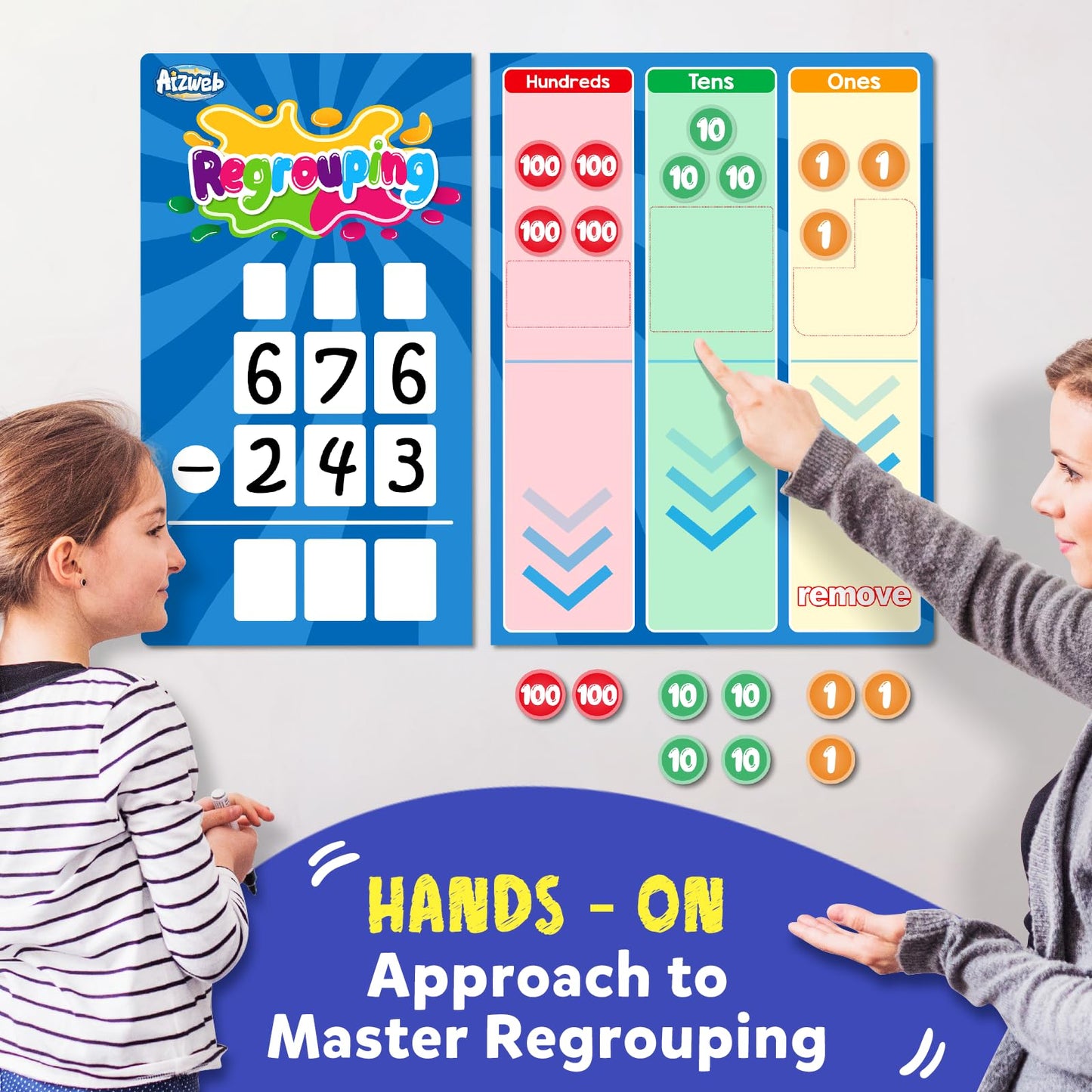 Aizweb Magnetic Regrouping Base Ten Place Value Chart,Addition and Subtraction Math Manipulatives,Dry Erase Board for 1st 2nd 3rd Grade Classroom Must Haves,Hands On Regrouping Math Games for Kids