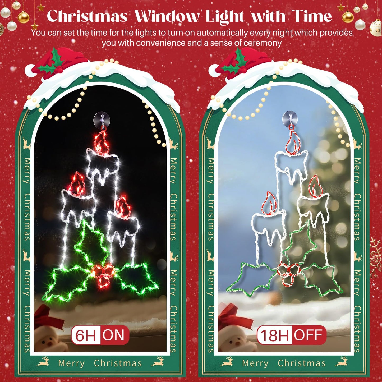 Enhon Christmas Window Silhouette Light, Battery Operated, 8 Modes, Timer, 15.8in, White/Red/Green, 2 Pack, Model SO-Enhon-2400