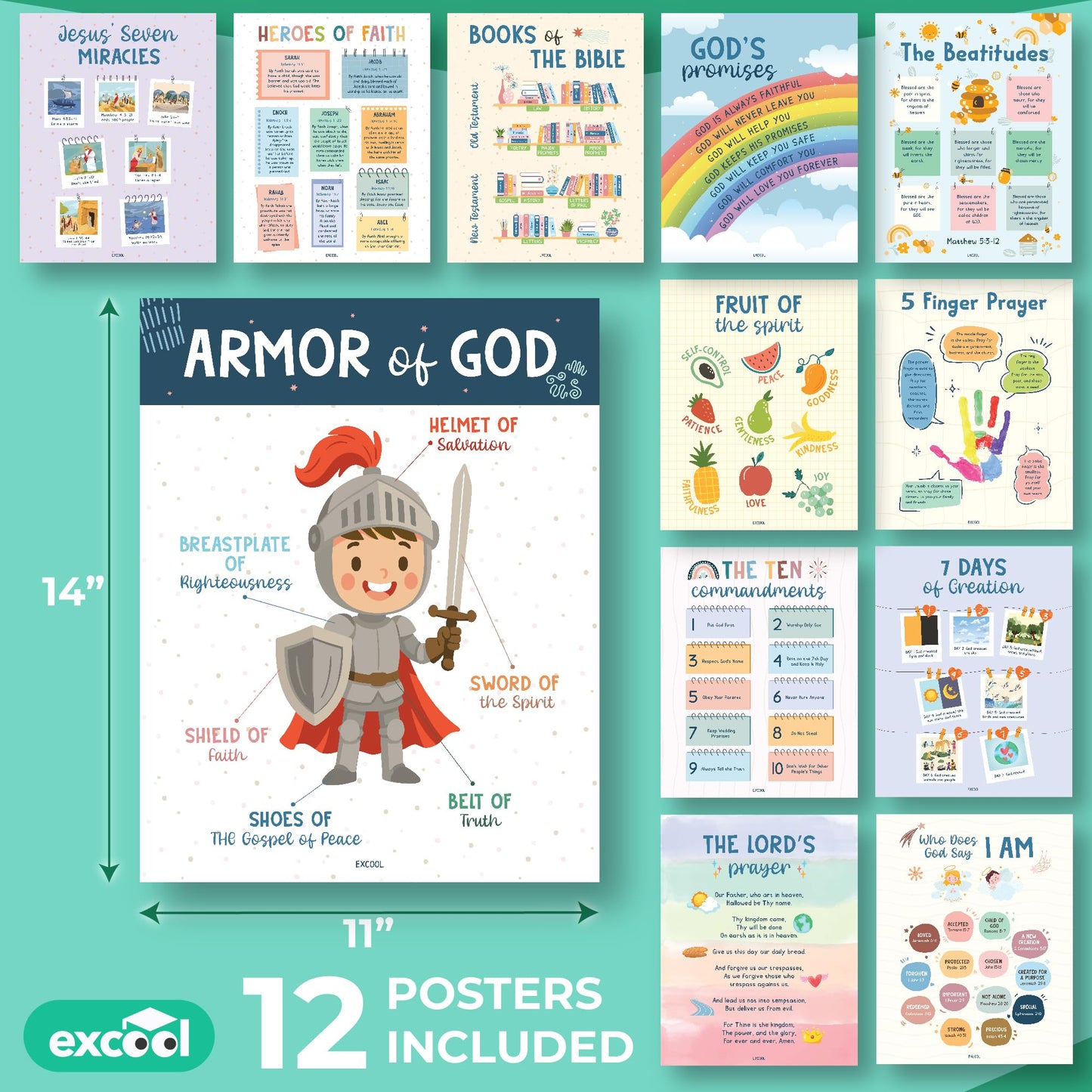 Excool Club Sunday School Decorations For Classroom - 12 Book Of The Bible Posters For Kids, Ten Commandments Fruit Of The Spirit Wall Art, Bible Study Supplies For Christian Classroom Decor (11"x14")