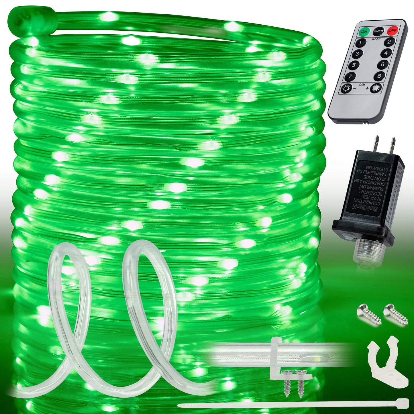 WYZworks LED Rope Light - 25ft Green, Waterproof, 8 Modes, Remote, Flexible PVC, Model LED-ROPE-3WT-GRN-25FT