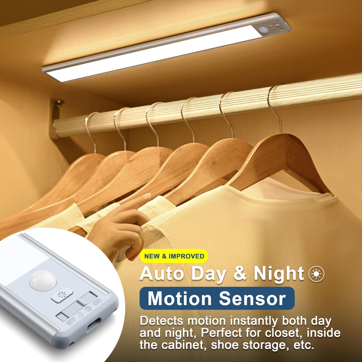 Reoshine LED Closet Lights, Motion Sensor, Dimmable, 14.8 Inch, 6000K Cool White, Rechargeable, Model T63, 2 Pack