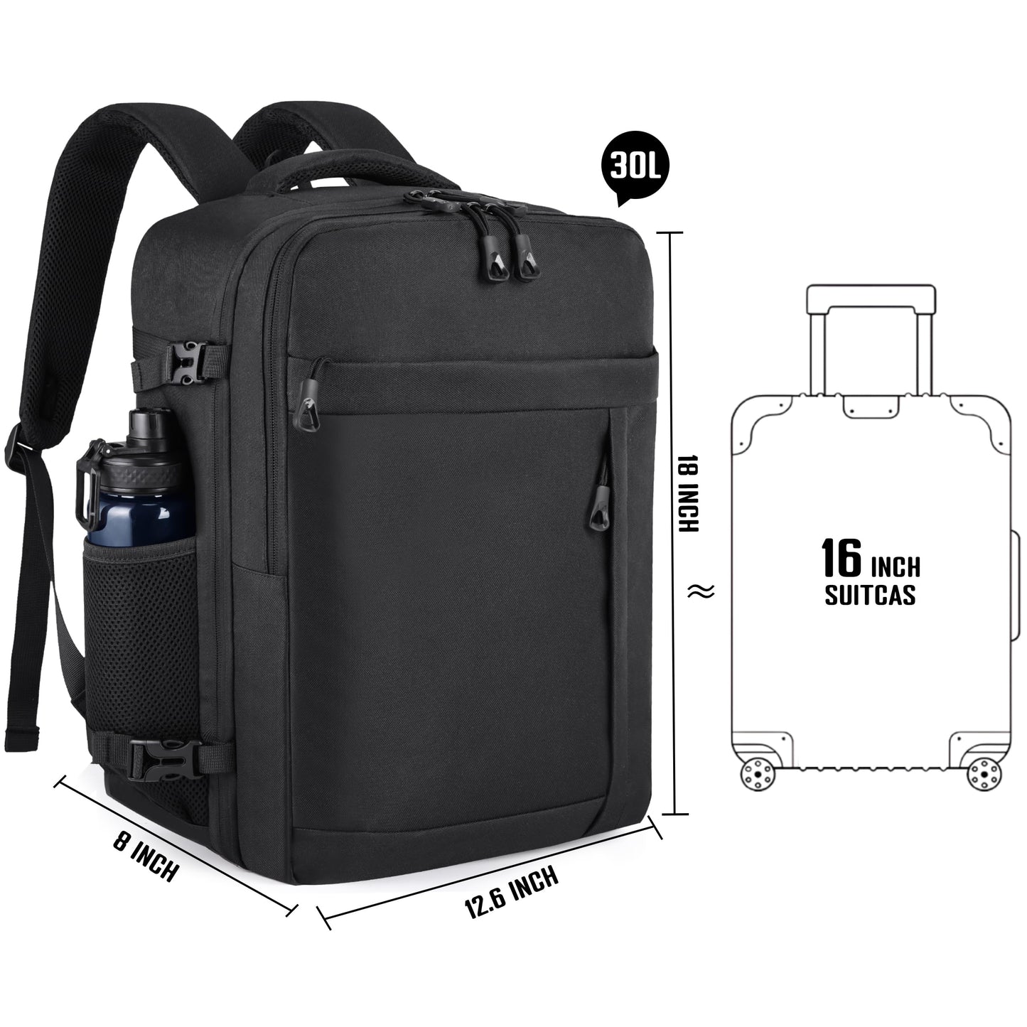 HILOMON Black Travel Backpack for Men Women, TSA Approved Personal Item Size 18x14x8 Under Seat Backpack for Airplanes 15.6inch Laptop 30L Luggage Carry On Bag