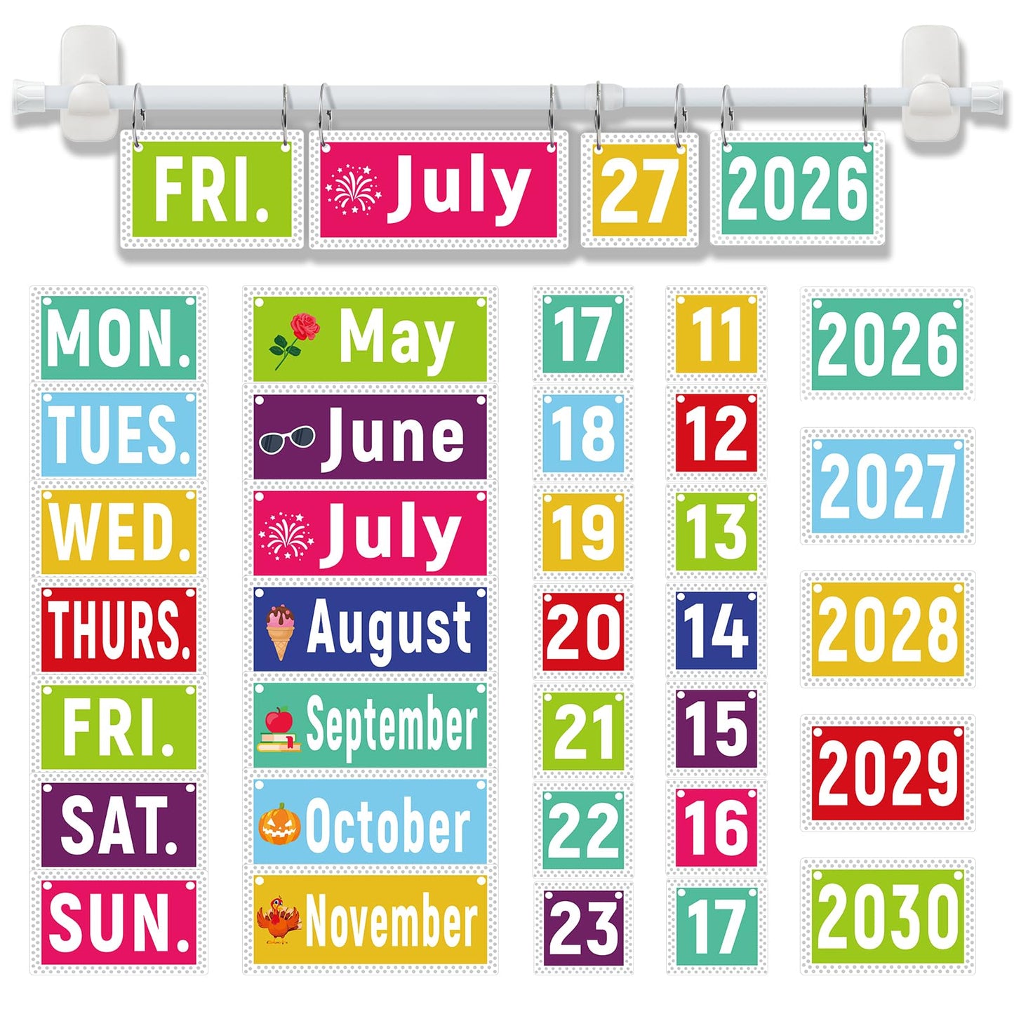 Upgraded 2-in-1 Flip Calendar for Classroom with Magnetic & Adhesive Fixing, Adjustable Magnetic Rod Flip Calendar for Whiteboard, Black and White Classroom Decor Bulletin Board Set (Patterned)