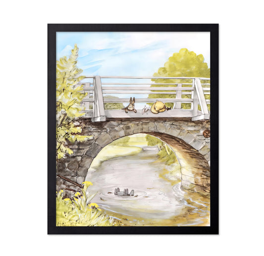 Poster Master Vintage Winnie Pooh and Friends Poster - Winnie Pooh on Stone Bridge Print - Story Book Design - Children Art - Pooh Watercolor - Pooh Kids Room Decor - 8x10 Unframed Wall Art