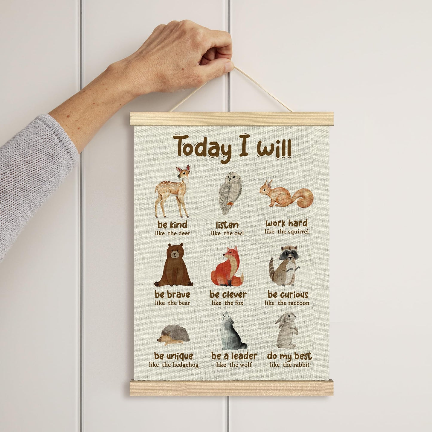 BCUANGD Positive Affirmations Wall Decor - Inspirational Woodland Animals Wall Art Poster Hanger with Wood Frames, Neutral Mental Health Wall Hanging Canvas Decor for Home Kids Room, 12x16 Inches