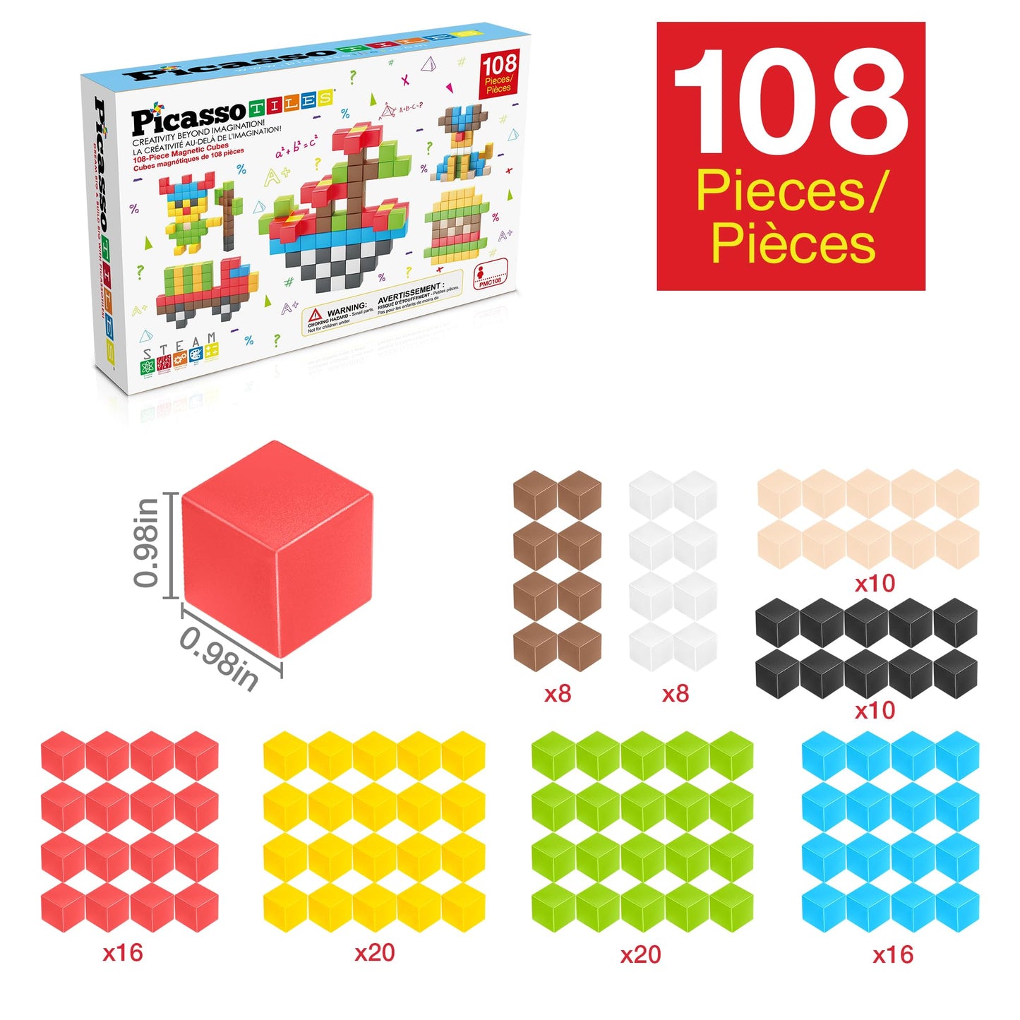 PicassoTiles 108pcs 1” Magnetic Puzzle Cubes Magnet Toys Preschool Construction Building Block Set Sensory Toy Early Education STEM Learning Come with Ideabook for Children Age 3+ Boy Girl PMC108