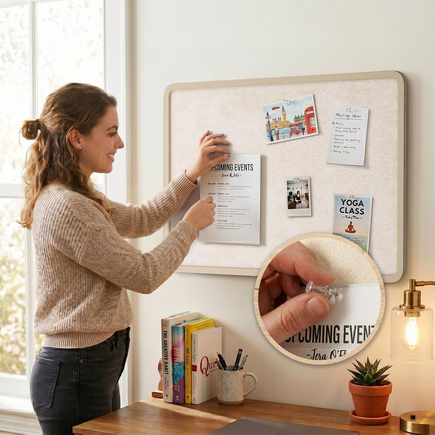 KERRAM Bulletin Board, 48 x 36 inches Decorative Felt Board Foldable Photo Board Pin Boards, Cork Board Alternative for Walls, Office, Home, Classroom with Pushpins ＆ Small Storage Bag, Beige