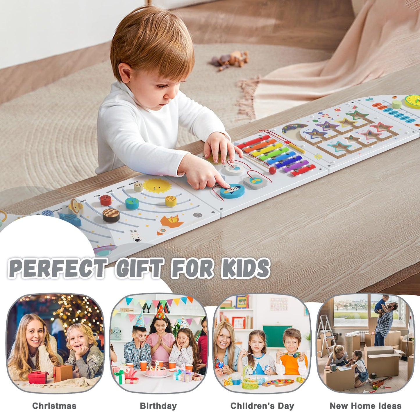 nigwet Rocket Activity Wall Busy Board Panels - Sensory Wall Panel for Kids, Montessori Toddler Wall Activity Board, Wall Toys for Toddlers 3, Activity Cube, Wood Activity Boards, White Grey
