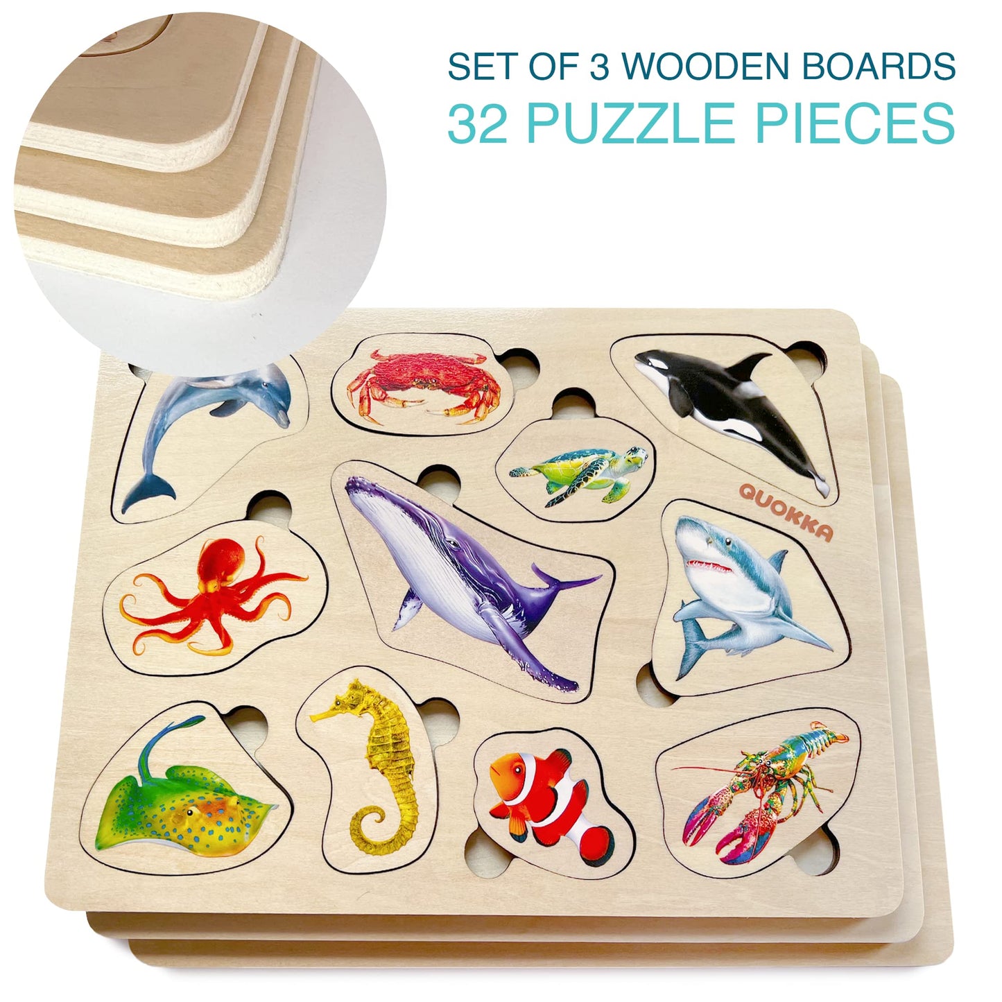 QUOKKA Wooden Puzzles for Toddlers 1-3 – 3xSET Toddler Puzzles Ages 2-4 – Montessori Animal Toy Puzzle for Toddlers 3-5 Year Old – Wood Toy Learning Realistic Animals for Boy and Girl