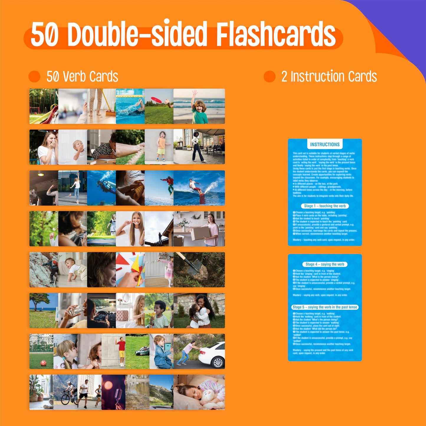 50 Verb Flashcards, Picture & Word Cards Action Language Builder Visual Aid Language Learning Tool for Autism, ESL Teaching Materials for Adults, Non-Verbal Children Vocabulary Builder for Kids