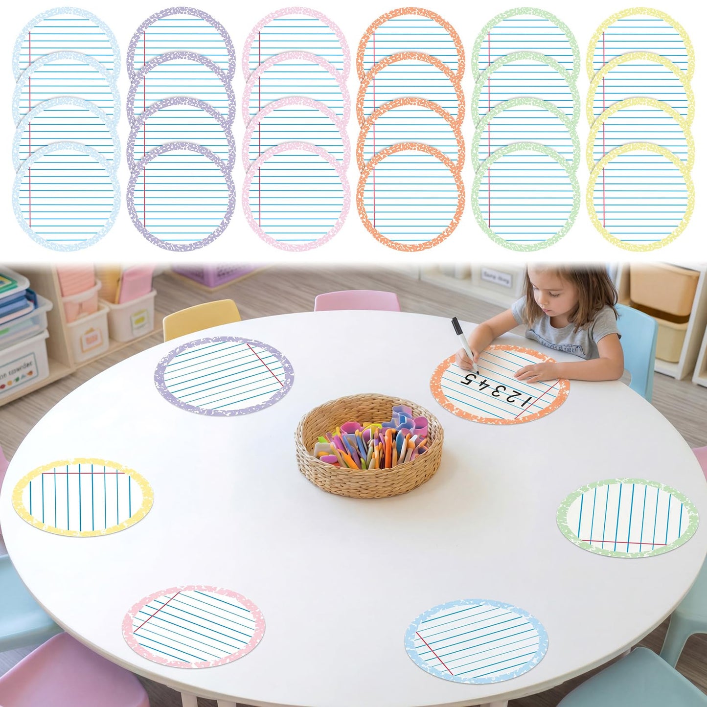 Gersoniel 24 Pcs Large 11'' Notebook Dry Erase Dots for Classroom Table Removable Circles Stickers Wall Whiteboard No Staining for Teacher School Home Office Teaching Supplies (Round,Light Color)