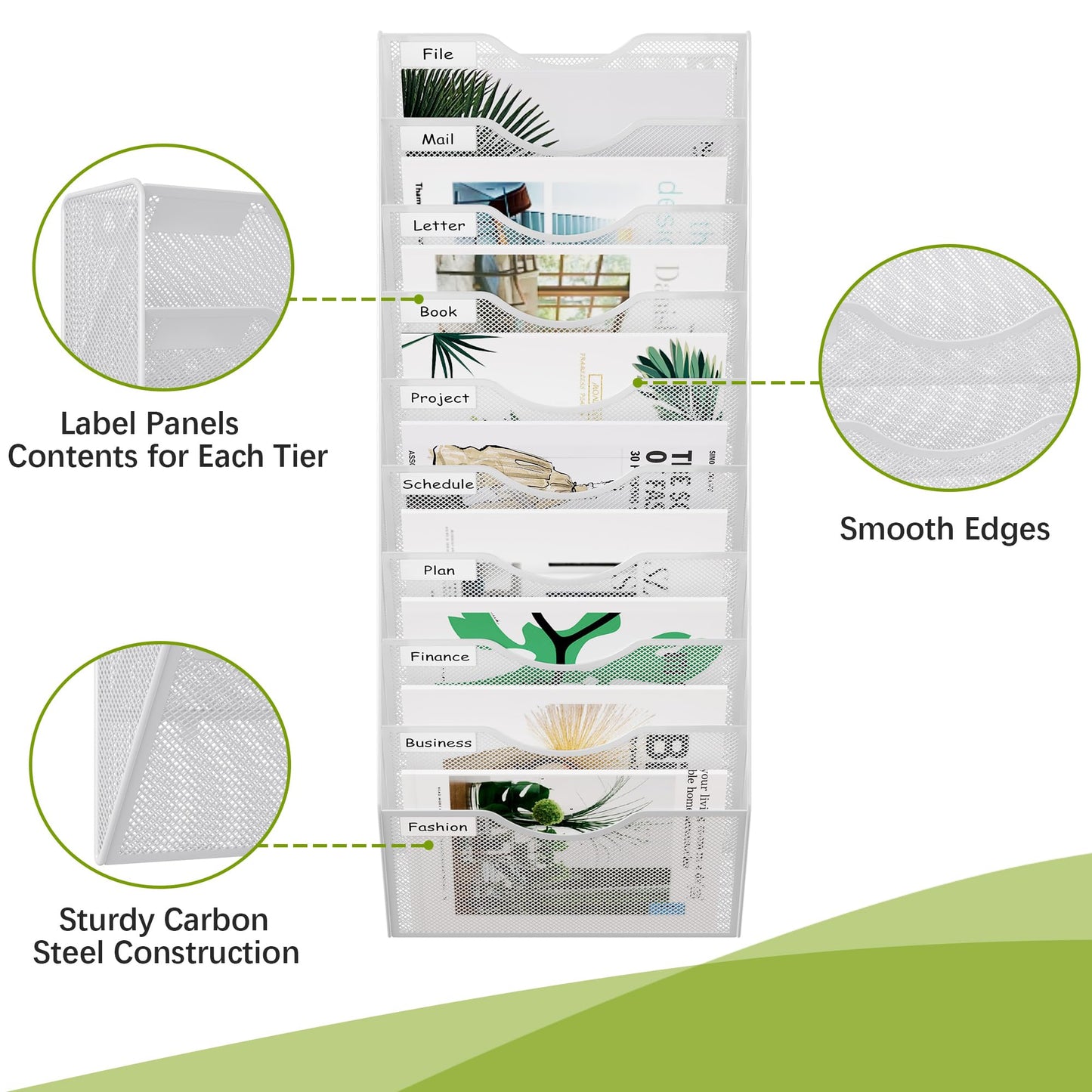 EasyPAG 10 Pocket Mesh Wall File Organizer, Hanging Paper Folder Holder with Classify Label, Vertical Wall Mount Mail Organizer for Office Home Classroom, White