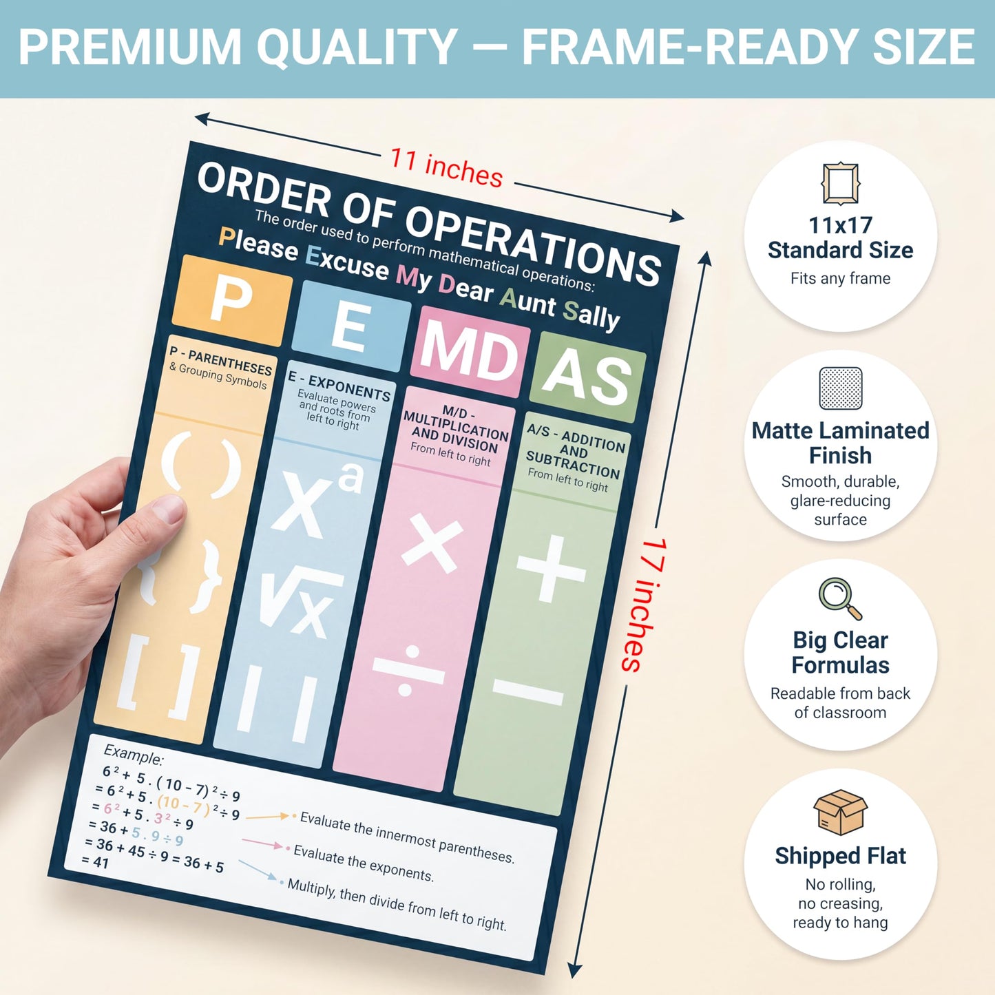 BrightenKidz 8 Pack Math Posters for Middle School, 11x17 Back to School Laminated Educational Chart, Teacher Must Haves for Classroom Homeschool Decor, Algebra Linear Equations Order of Operations