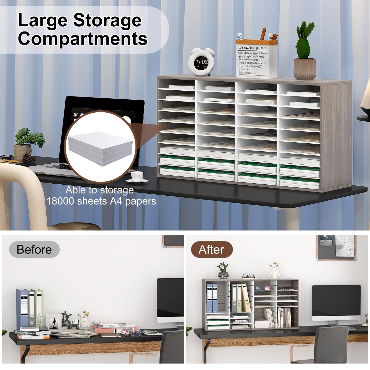 EasyPAG Wooden Literature Organizer with Adjustable Shelves, 36 Compartments Office Paper Organizer Storage 18000 Sheets Letter Size Paper, Student Mailbox for Classroom, Retro Gray/White