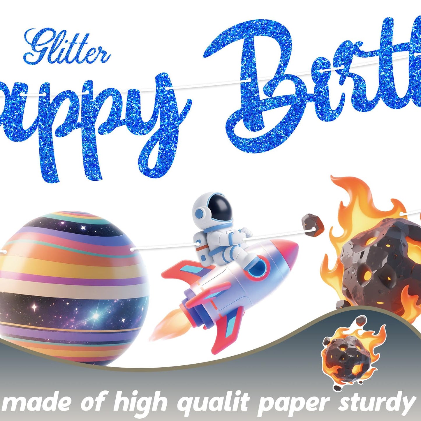 Outer Space Party Banners 3Pcs Happy Birthday Blue Astronaut Ship Garland Banners for Boy Girls Solar System Theme Baby Shower Birthday Party Supplies