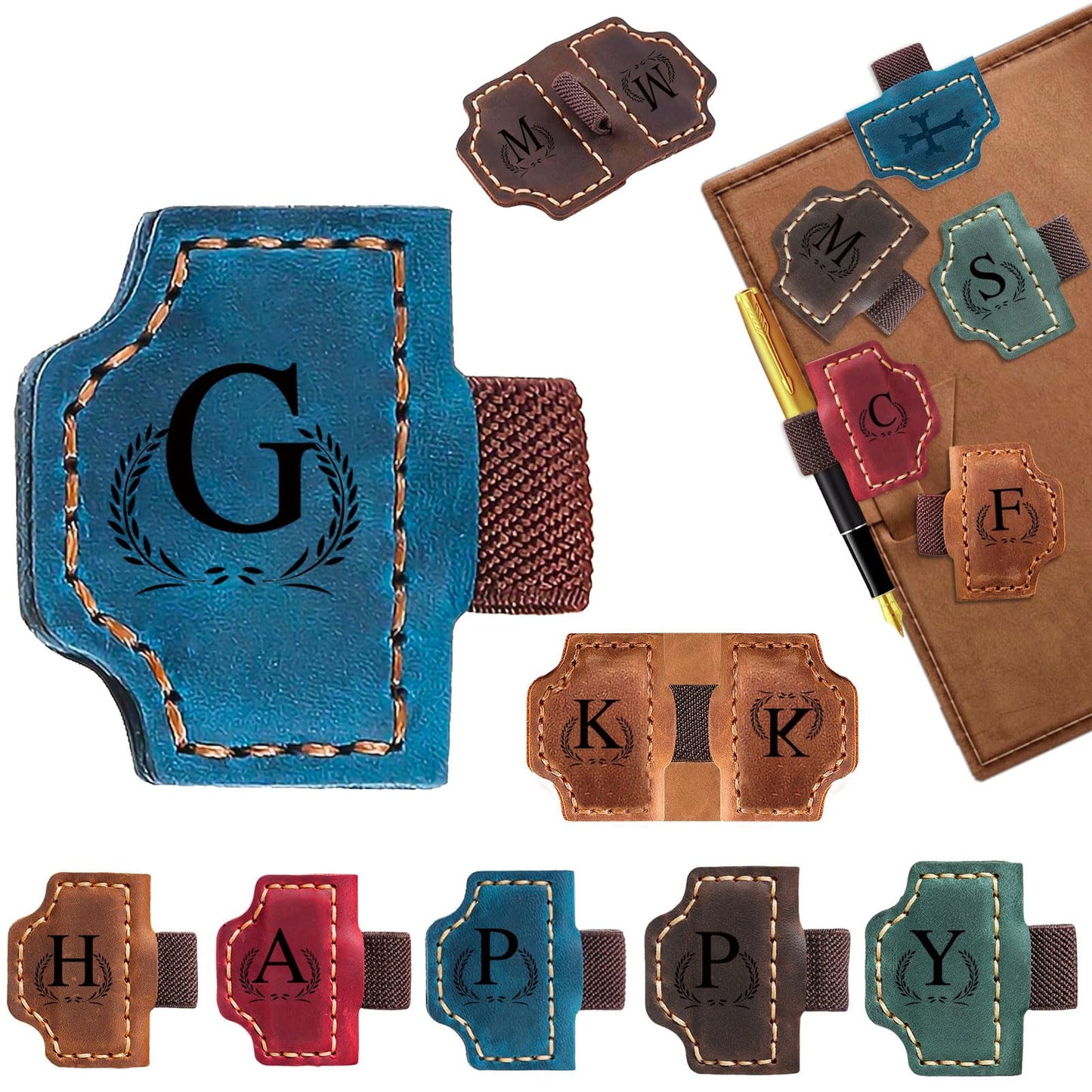 Custom Bygone Mark Bookmark with Pen Holder, 26 Letters Name Initial Personalized Magnetic Leather Bookmark, Gifts for Book Lovers, Readers, Travelers, Leather Book Marks (Blue, G)