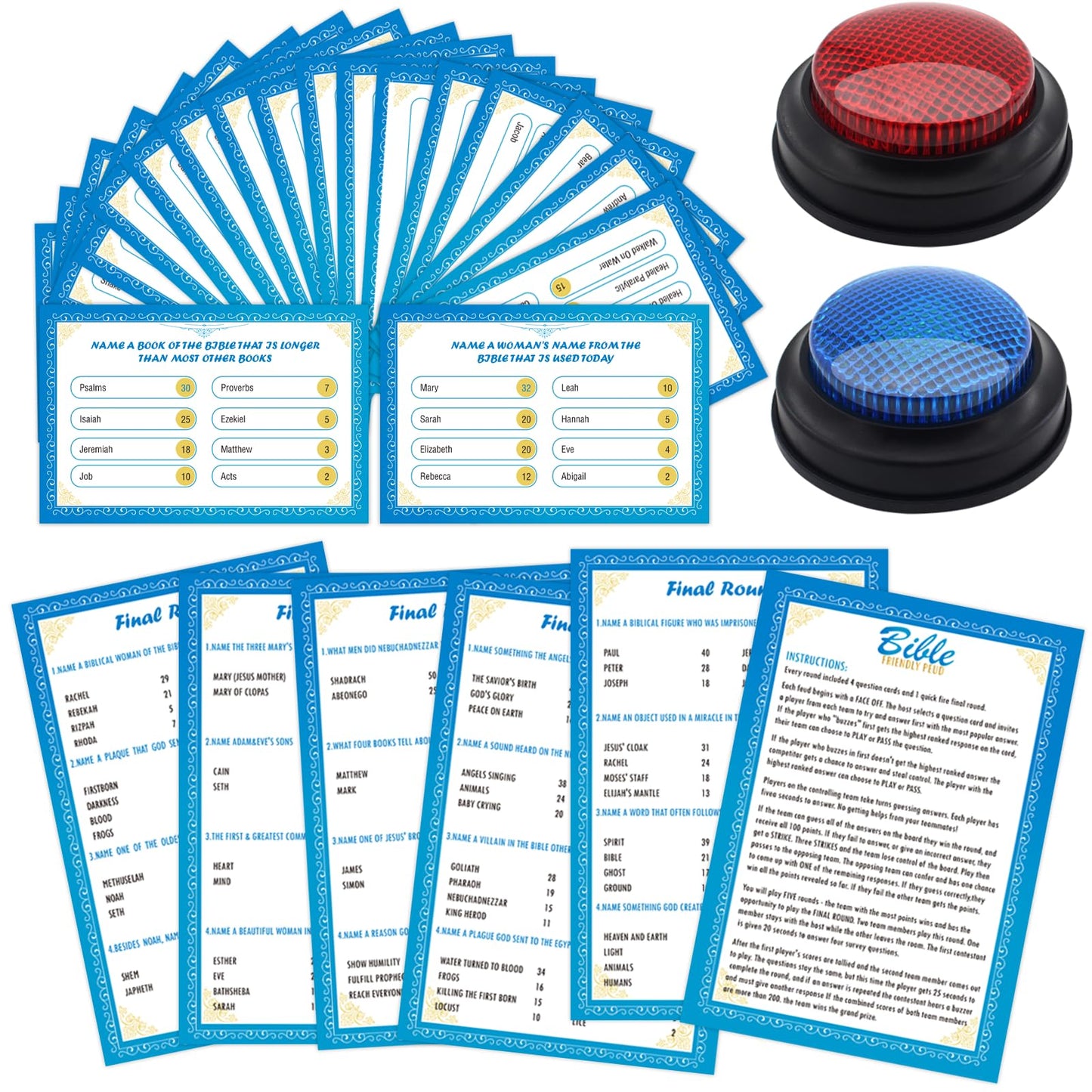 TUSAUW Christian Bible Friendly Feud Game with Answer Buzzers, Religious Feud Card Board Game Night Family Church Group Fun Trivia Quiz for Christmas Easter Party Office Class Team Building