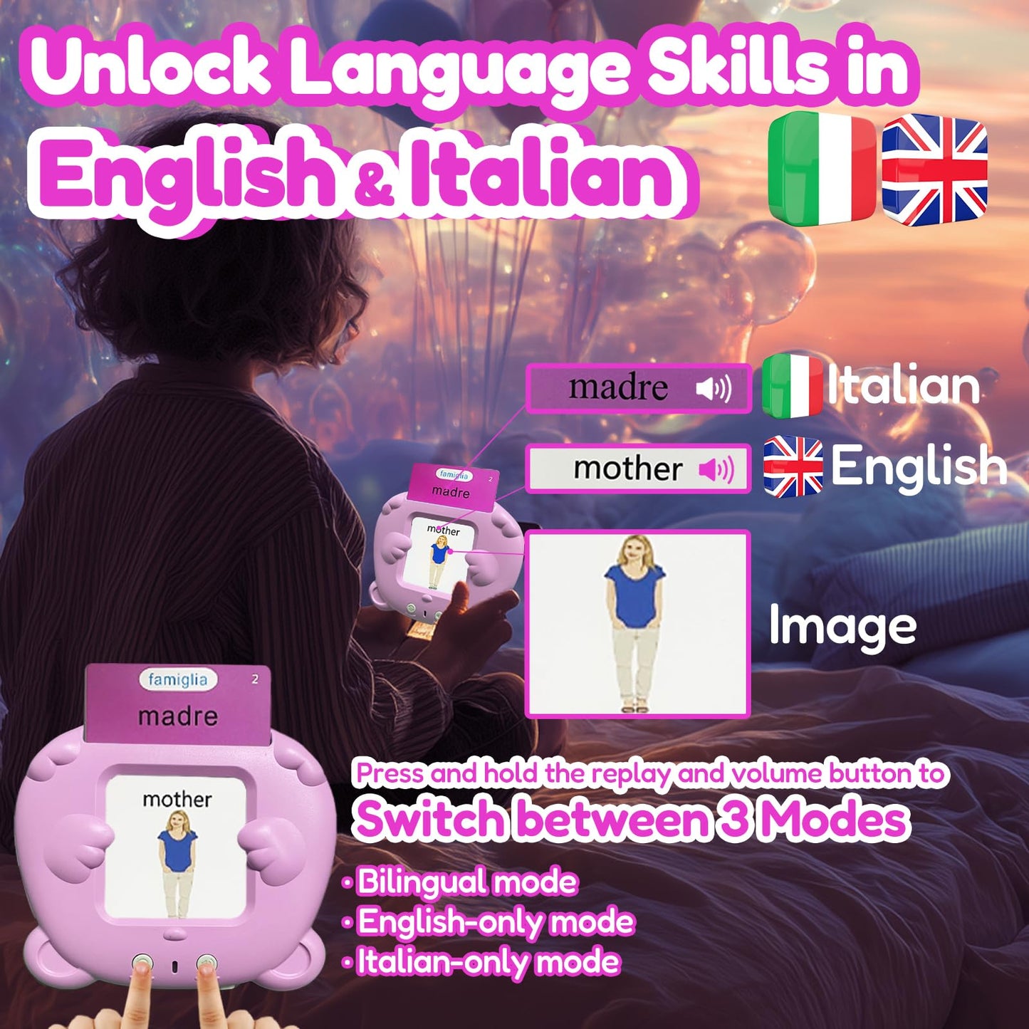 MoLingvora Bilingual Talking Flash Cards for Kids - Italiano Italian English Flashcards Children Adults, 510 Sight Words, ABC Alphabet, Pocket Speech for Toddlers, Audible Sensory Toys (Italian, Pink)