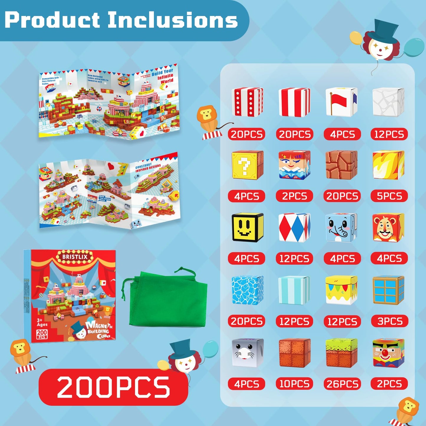 BRISTLIX 200PCS Magnetic Building Blocks with Storage Bag, 0.8in Joyful Circus STEM Magnet Cubes, Creative Construction Magnetic Blocks, Ideal Gift for Boys & Girls Age 3-12 Magnetic Cubes