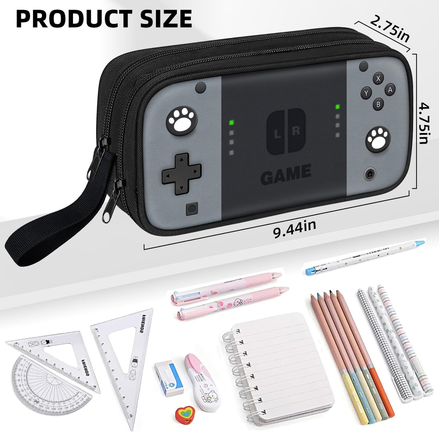 JIRAIKEI Gamer Pencil Case for Boys, Large Boys Pencil Pouch for Kids Teens School, Big Capacity Pen Box Pen Bag Organizer with 2 Compartments & Zipper