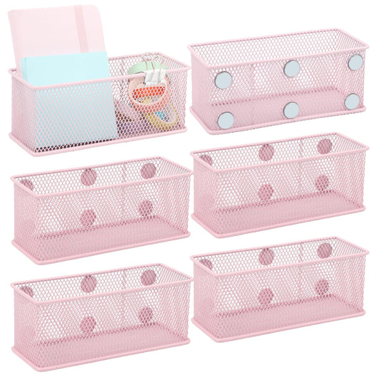 EASEPRES Magnetic Pencil Holder Set of 6 - Wire Mesh Storage Baskets Organizer with Strong Magnets - Perfect for Whiteboard, Refrigerator and Locker Accessories, Pink