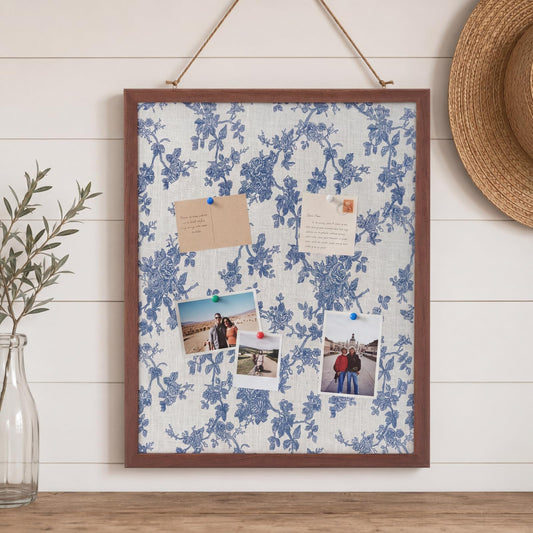 Leinuosen 17" x 23" Linen Cork Board for Walls Decorative Blue Rose Cork Boards Wood Framed Bulletin Boards, Picture Display Vision Pin Corkboards for Farmhouse Home Room Office Cottagecore Decor