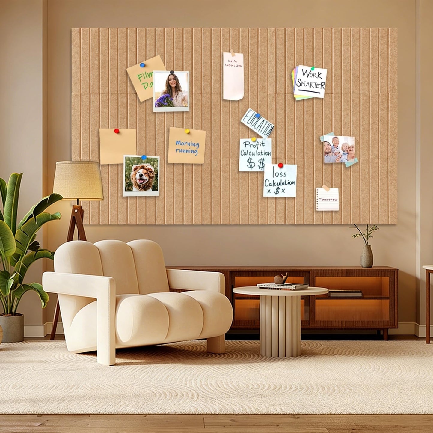 15 Pack Felt Bulletin Board, 35" x 59" Large Camel Pinboard with 30 Push Pins, Felt Pin Board, Self-Adhesive Cork Board Tiles for Home, Office Walls, School Classroom Message Photos Display