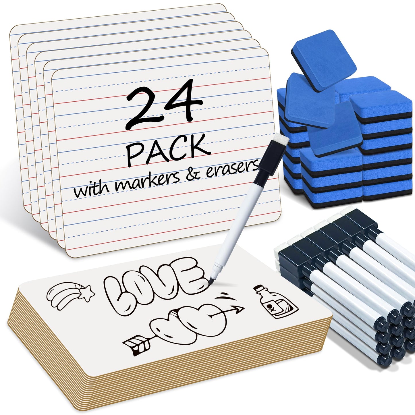 JUSTPAT 24 Pack Dry Erase Boards, 9"x12" Double Sided Easel Small Whiteboards with Lines for Kids, Students, Education Teacher Classroom, Mini Portable White Boards with 24 Markers, 24 Erasers