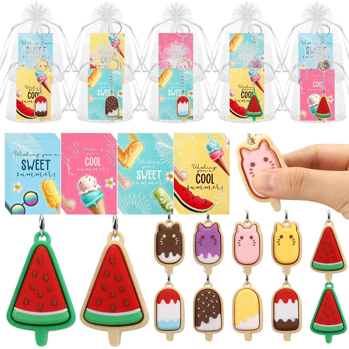 Gerrii 20 Sets Ice Cream 3D Clicker Fidget Keychains Inspirational Card Bulk 3D Press Stress Relief Sensory Keychain Gifts Graduation Party Favors Summer Goodie Bag Stuffers Office Gifts for Coworkers