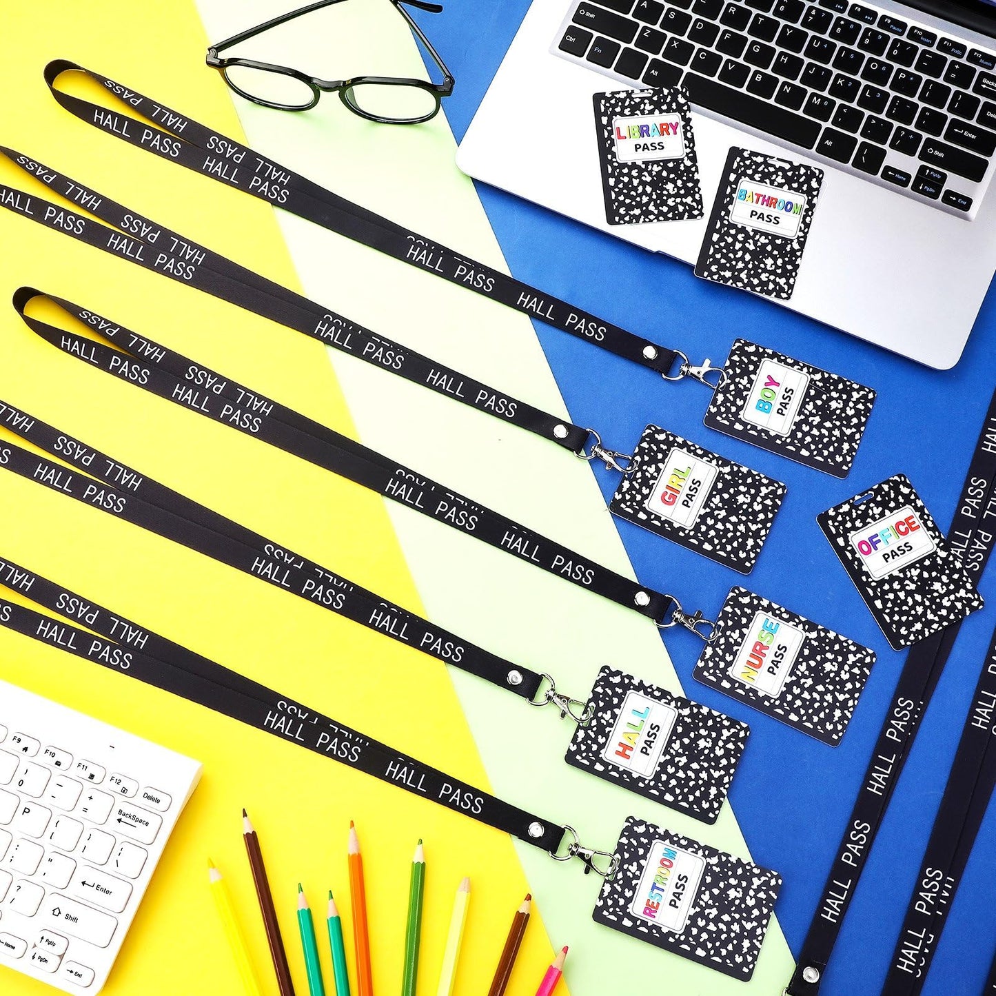Fuyoooo 16 Set Composition Notebook Hall Pass Lanyards Unbreakable PVC Classroom Passes with Lanyards Bathroom Boy Girl Library Hall Office Nurse Pass for Elementary School Supplies