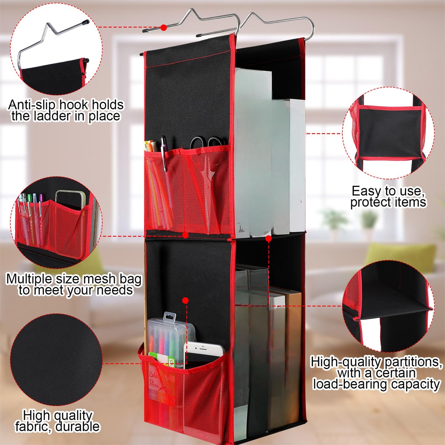 Chapou 1 PC Hanging Locker 2 Layer Shelves Hanging Locker Organizer Accessories for Office School Gym Closet Home Supplies(Red)