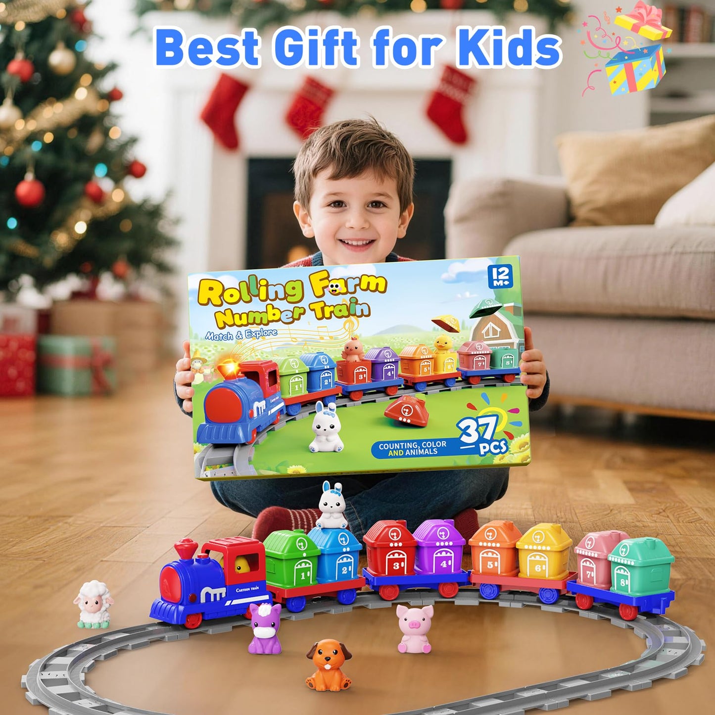 Cmiolacuna Train Set for Toddlers 2-4, Electric Toddler Train Set with Farm Animals, Music & Lights, Montessori Counting & Sorting Learning Toy, Birthday Easter for Boys Girls (Blue)