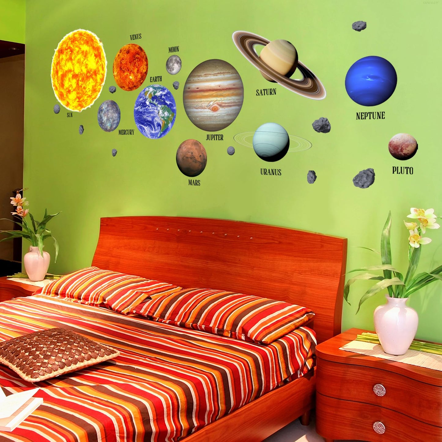 Solar System Wall Stickers Planets with Sun Decals Educational Theme Peel and Stick Astronomy Decals for Kids Room Bedroom Home Decor (Planets)