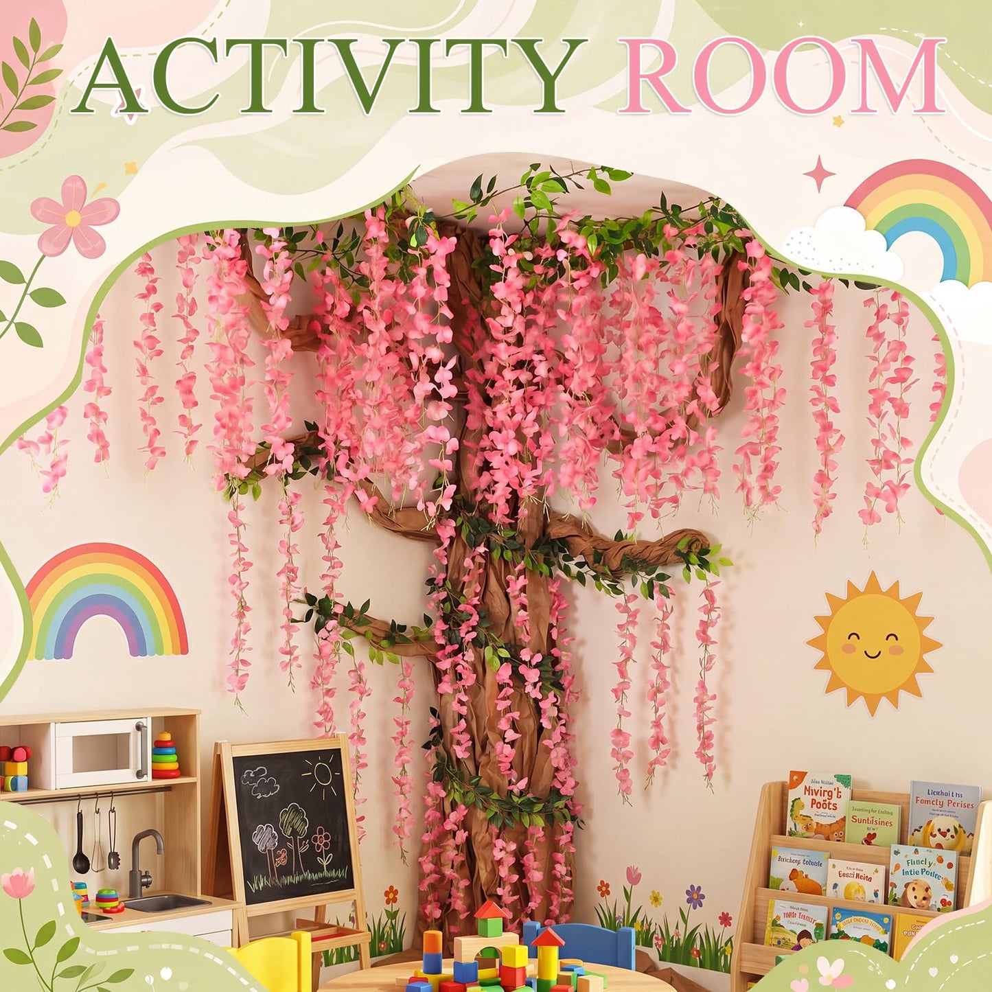 Suncalla Classroom Tree Bulletin Board Set DIY 3D Classroom Ceiling Wall Decor with Kraft Paper & Mounted Traceless Hooks for Jungle Safari Hawaiian Luau Party Supplies (Wisteria)