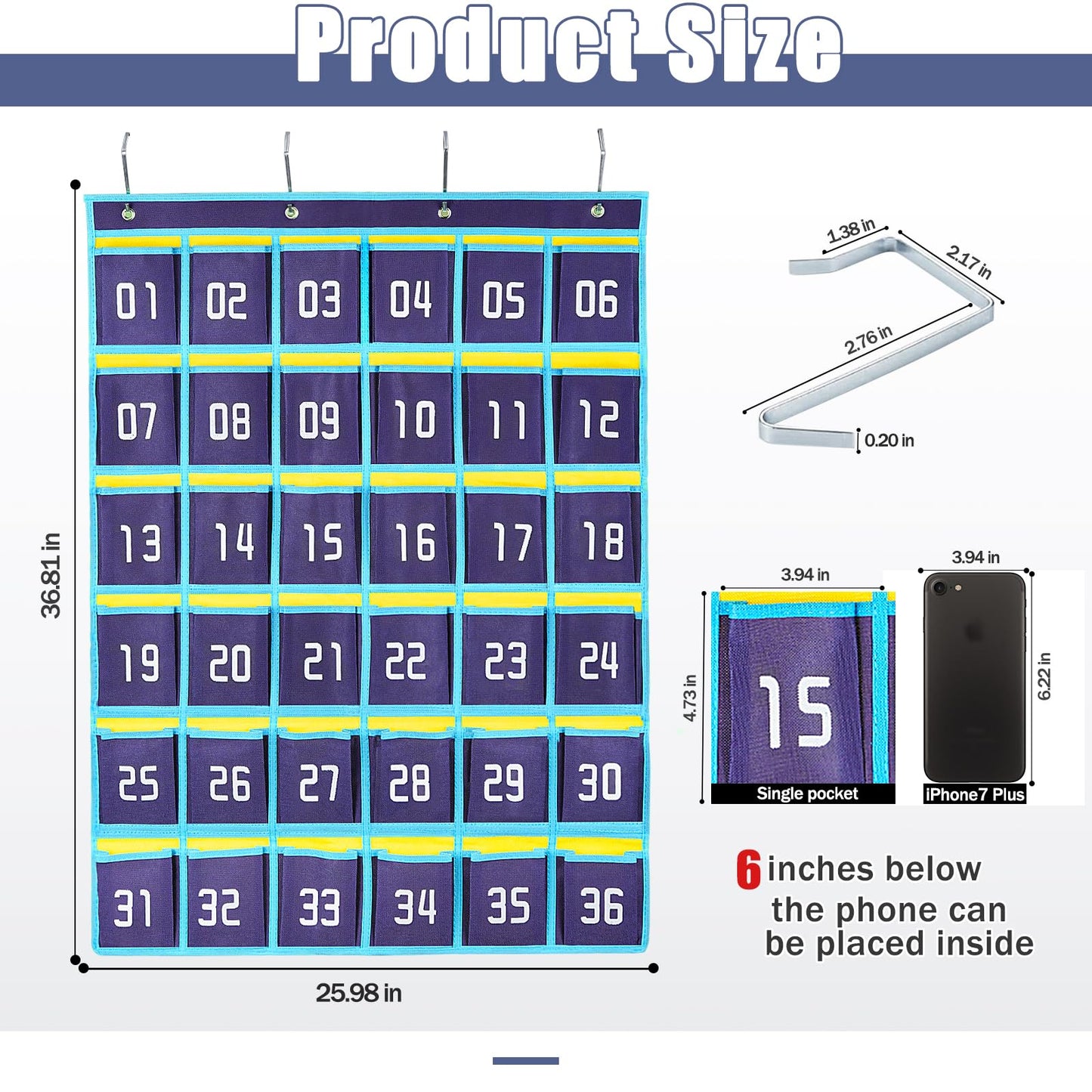 Loghot Classroom Accessories Closet Pocket Chart for Cell Phones Holder Wall Door Hanging Organizer (36 Pockets Blue)