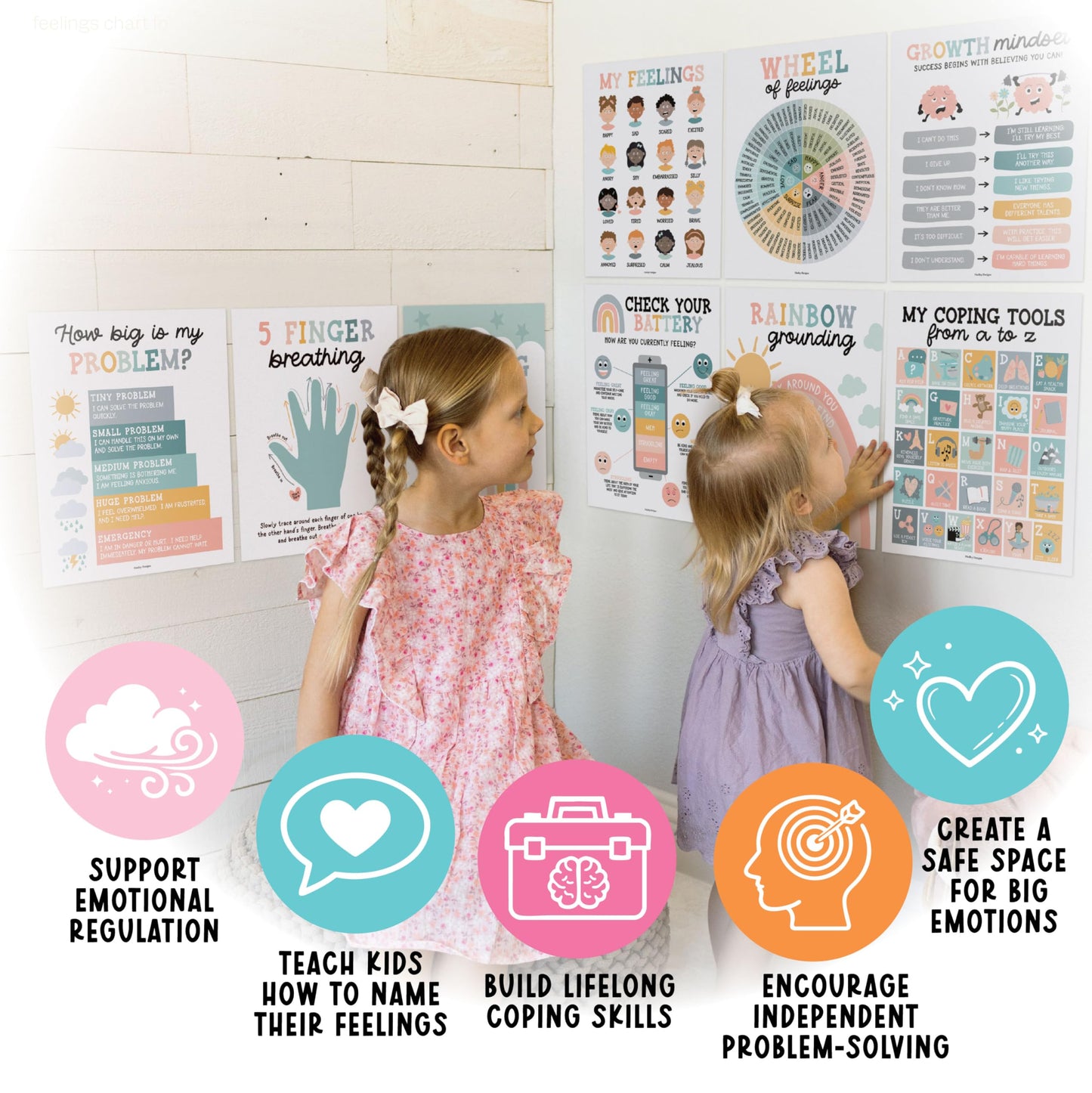 Hadley Designs 9 Calming Corner Posters for Classroom Must Haves - Calm Down Corner Supplies with Emotions Chart, School Counselor Mental Health Poster, Feelings Chart For Kids, Boho Classroom Decor