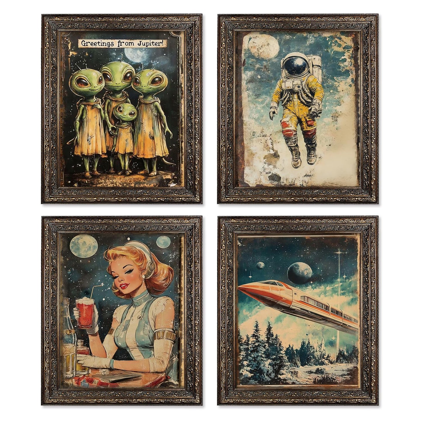 Locomiss Retro Space Nursery Wall Art Decor, Space Solar System Rocket Astronaut Galaxy Alien Prints Posters for Kids Boy Girl Nursery Room Bedroom Playroom Wall Decor, Set of 4, 8x10 Unframed