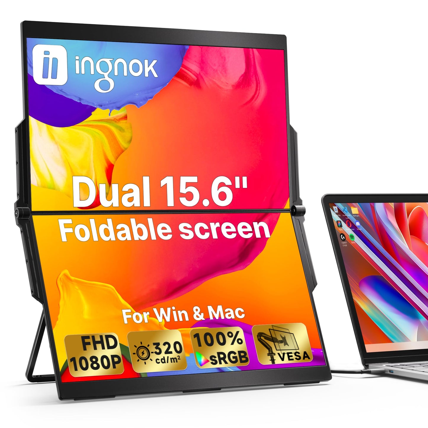 Ingnok 15.6" Dual Monitor, FHD 1080P 100% sRGB Laptop Screen Extender for Windows Mac, with 4 Speakers, 2 HDMI USB C Ports, for Office Gaming Triple Monitor