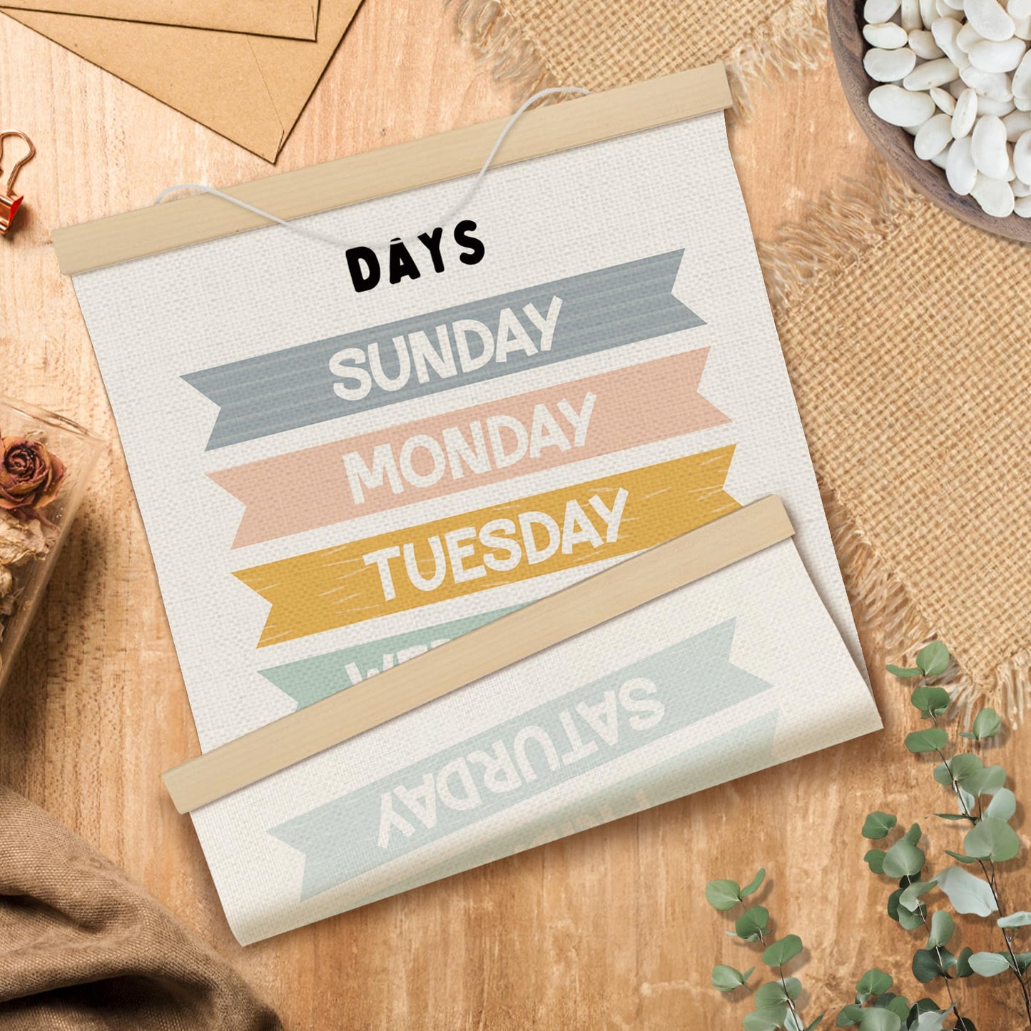 MOTERMATE Days of The Week Wall Art Poster for Kids, Boho Toddler Room Decor, Learning Educational Canvas Poster Hanger Frame for Toddlers Classroom, Kids Playroom Wall Hanging Banner Decor, 12x16Inch