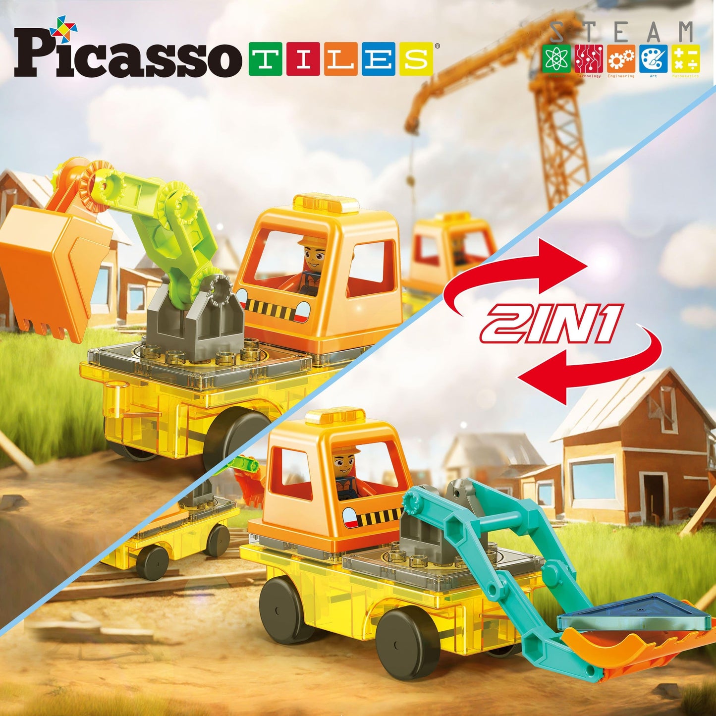 PicassoTiles Magnet Tiles Building Block 2-in-1 Excavator & Backhoe Brick Compatible Construction Playset with Car Base Magnetic Character Action Figure STEM Educational Learning Toy Kit Age 3+ PTU04