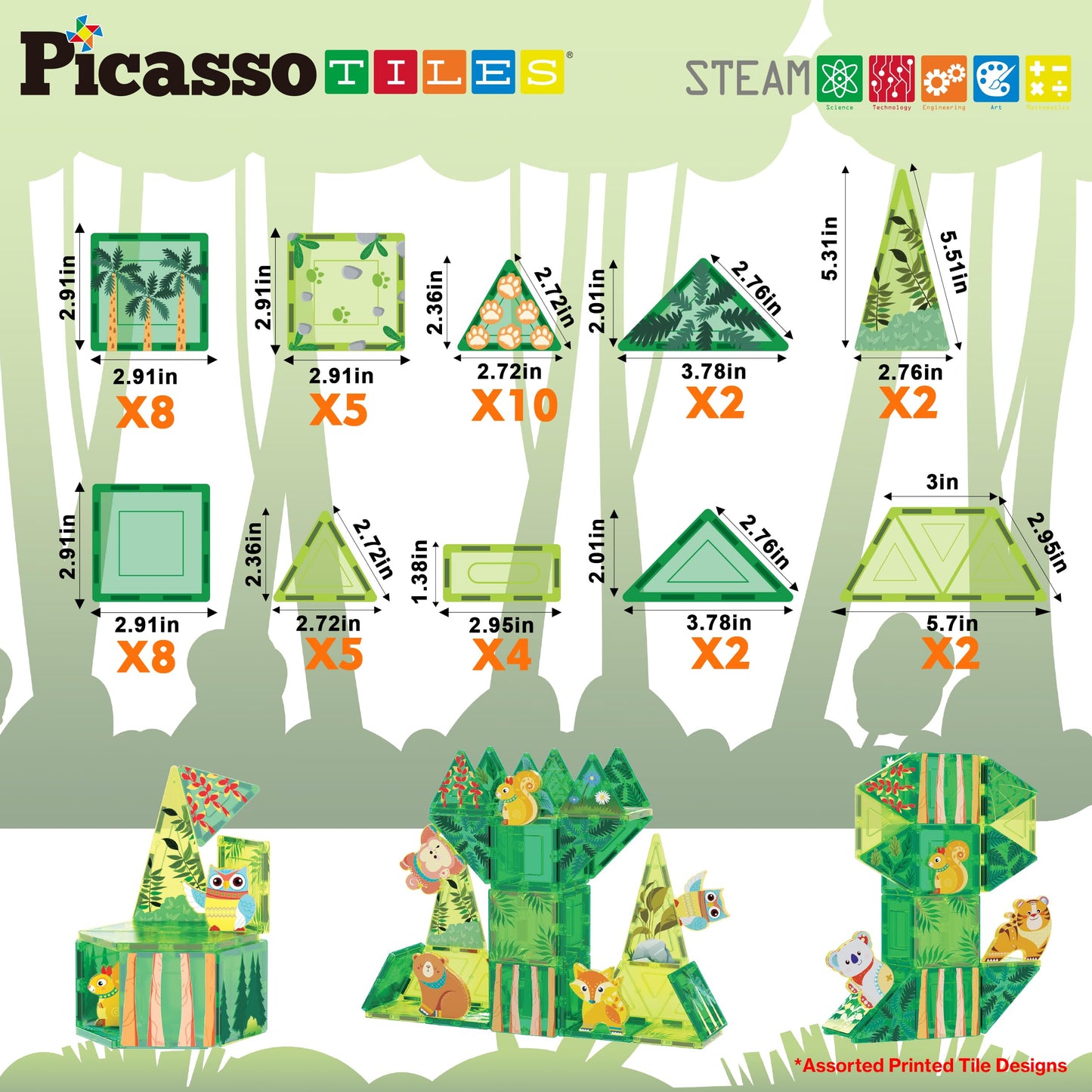 PicassoTiles Magnet Tile Building Blocks Forest Animal Theme Toy Set with 8 Character Action Figures Educational STEM Learning Construction Kit Pretend Play Magnetic Tiles Preschool Kids Ages 3+ PTQ16
