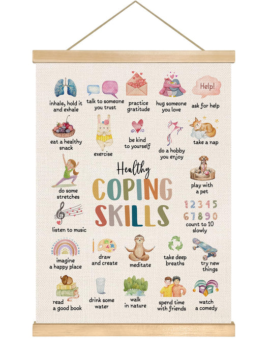 Healthy Coping Skills Poster,14x18.5 Inch Mental Health Educational Wall Art, Mindfulness Classroom Decor, Emotional Regulation Therapy Office Canvas Hanging for Bedroom or School ,Kids Room Decor(Colorful-Health)