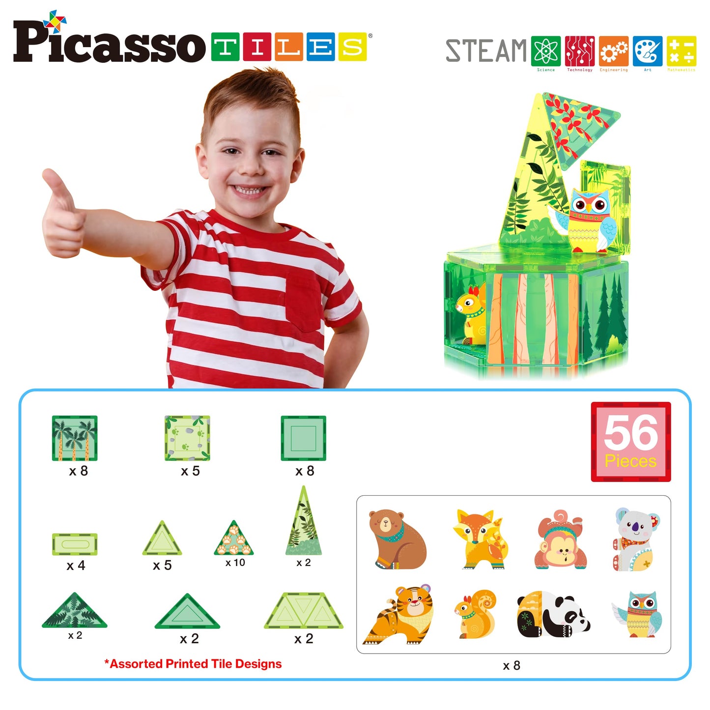 PicassoTiles Magnet Tile Building Blocks Forest Animal Theme Toy Set with 8 Character Action Figures Educational STEM Learning Construction Kit Pretend Play Magnetic Tiles Preschool Kids Ages 3+ PTQ16