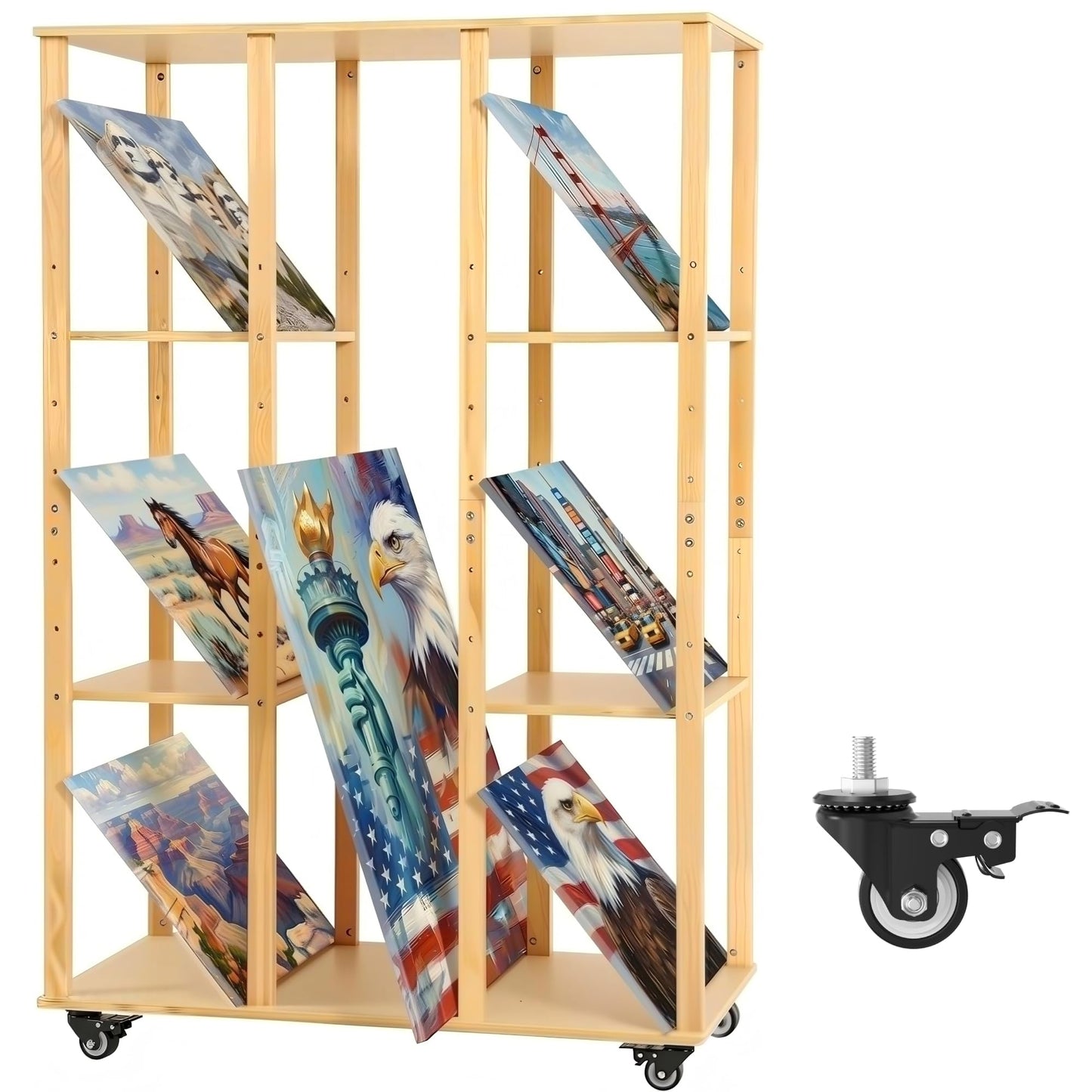MOOFI Extra-Large Art Storage Rack with Wheels, Adjustable Display Wooden Drying Rack for Canvas, Panels, Prints and Artworks, Multi-Tier Art Organizer for Galleries, Classroom, Studios (Natural)