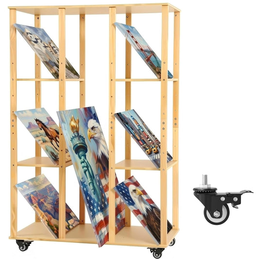 MOOFI Extra-Large Art Storage Rack with Wheels, Adjustable Display Wooden Drying Rack for Canvas, Panels, Prints and Artworks, Multi-Tier Art Organizer for Galleries, Classroom, Studios (Natural)