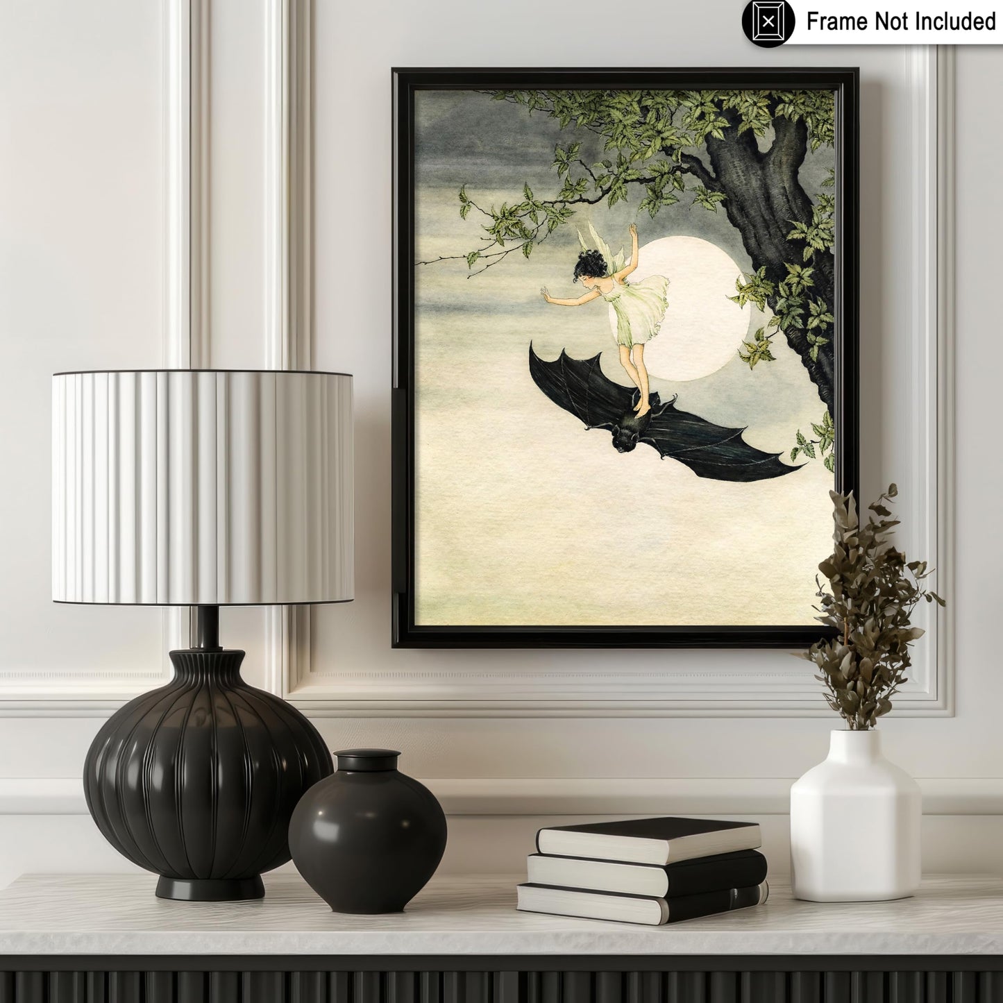 Poster Master Vintage Little Fairy Girl Riding a Bat Poster - Fairytale Print - Mythical Art - Fairy Art - Black Bat Creative - Halloween Showcase - Living Room or Bedroom Display - 8x10 UNFRAMED Wall Display